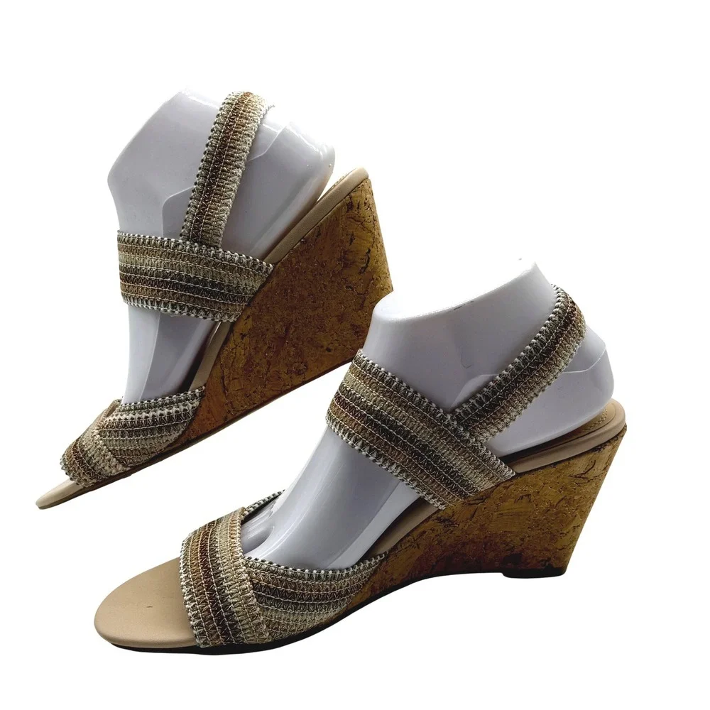 Coach and Four Wedge Sandals Women 10M‎ Gold Silver Bronze Metallic Cork Boho